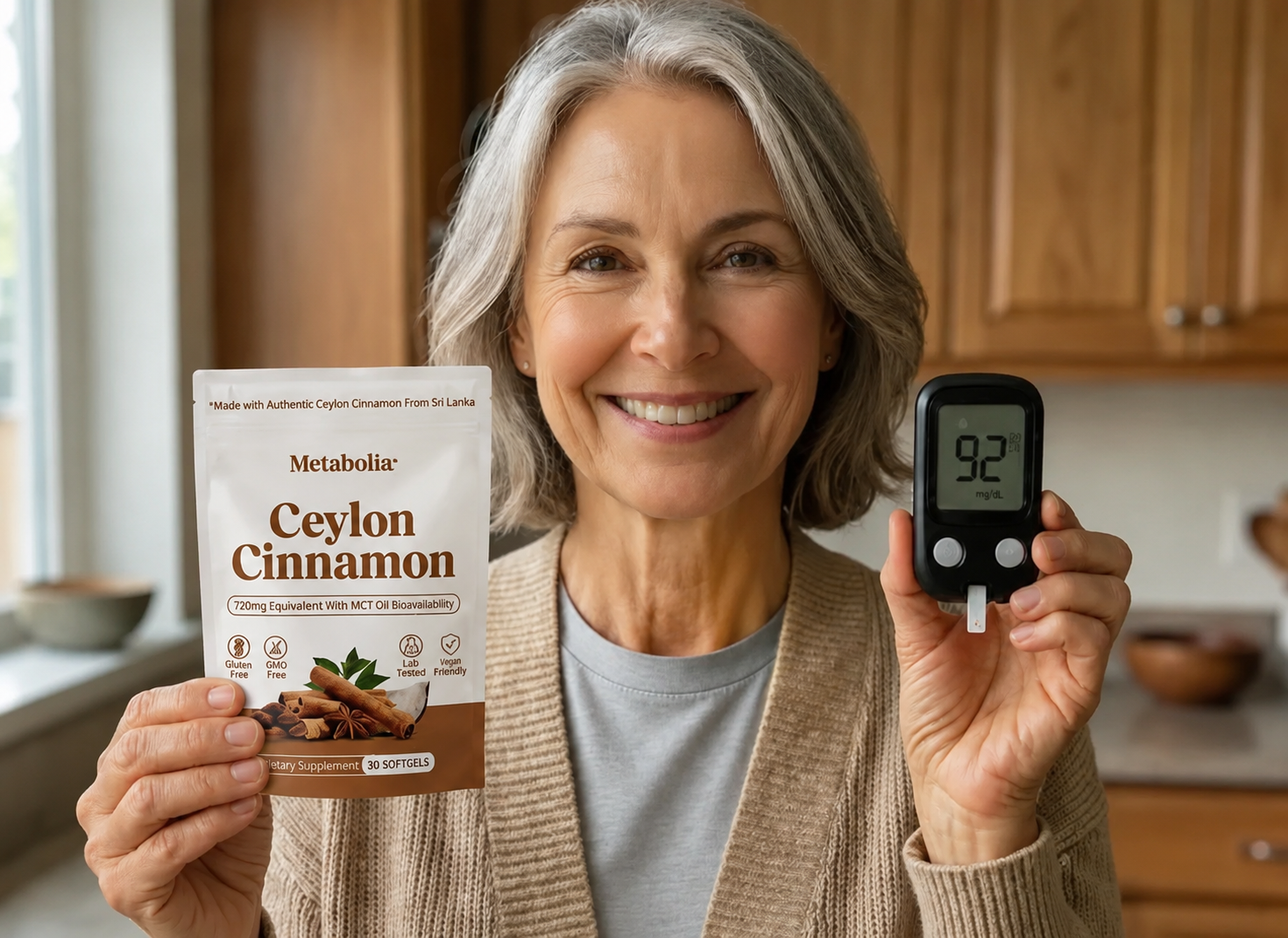 Mujer sosteniendo Canela de Ceilán Metabolia y un glucómetro