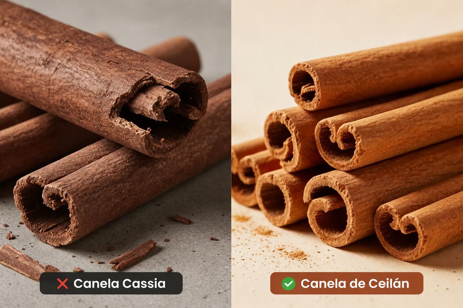 Comparación entre canela cassia y canela de Ceilán