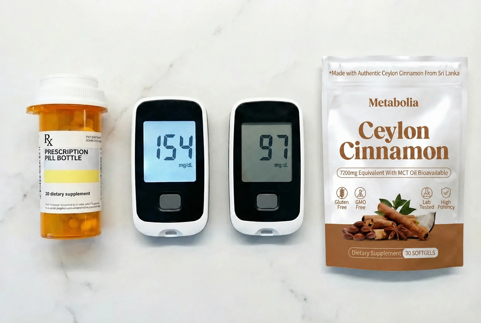 Medidor de glucosa junto a ramas de canela